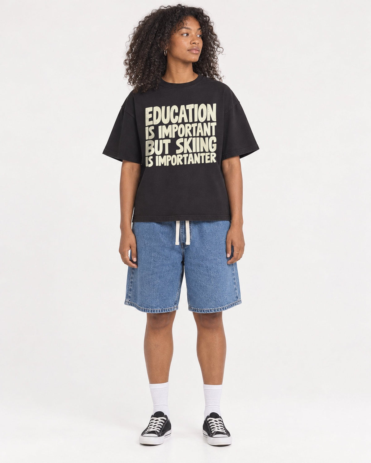 Mockup Boxy Heavyweight Tee Black female full-body 05