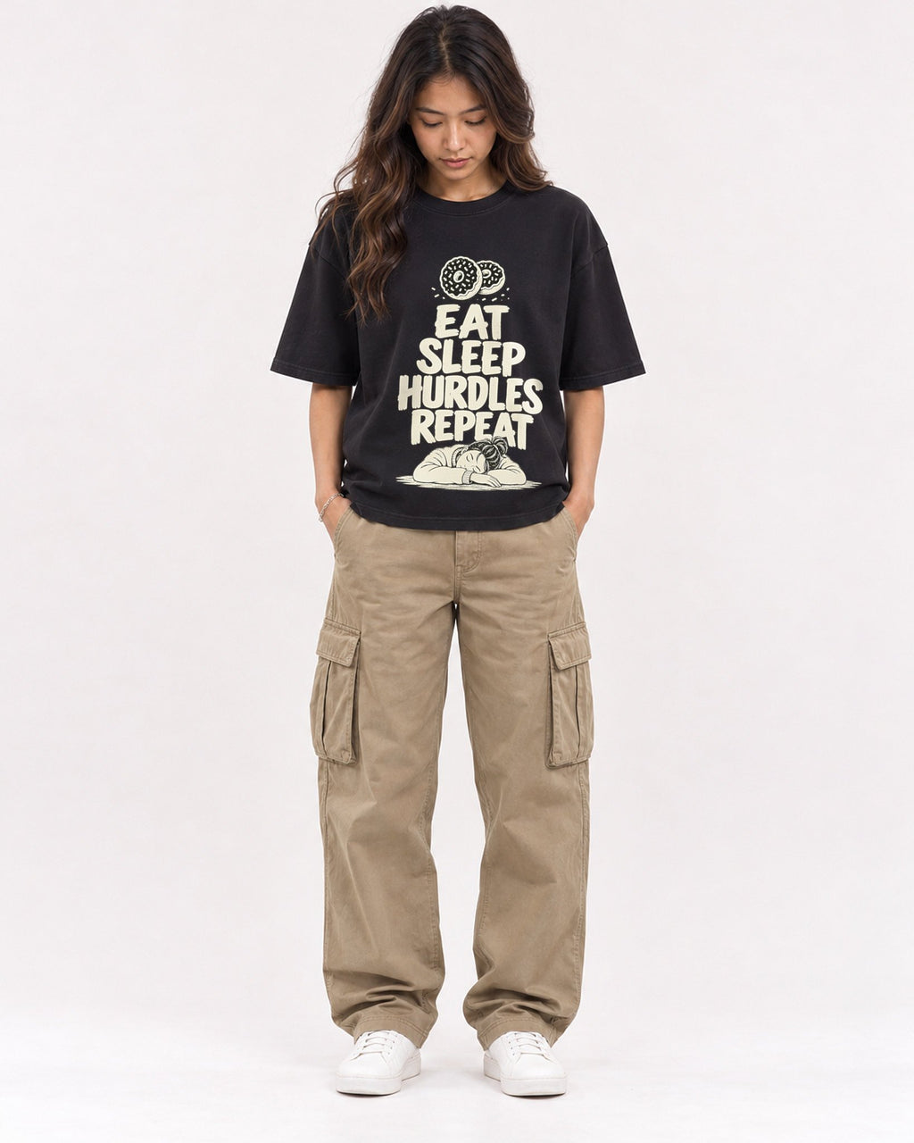 Mockup Boxy Heavyweight Tee Black female full-body 02