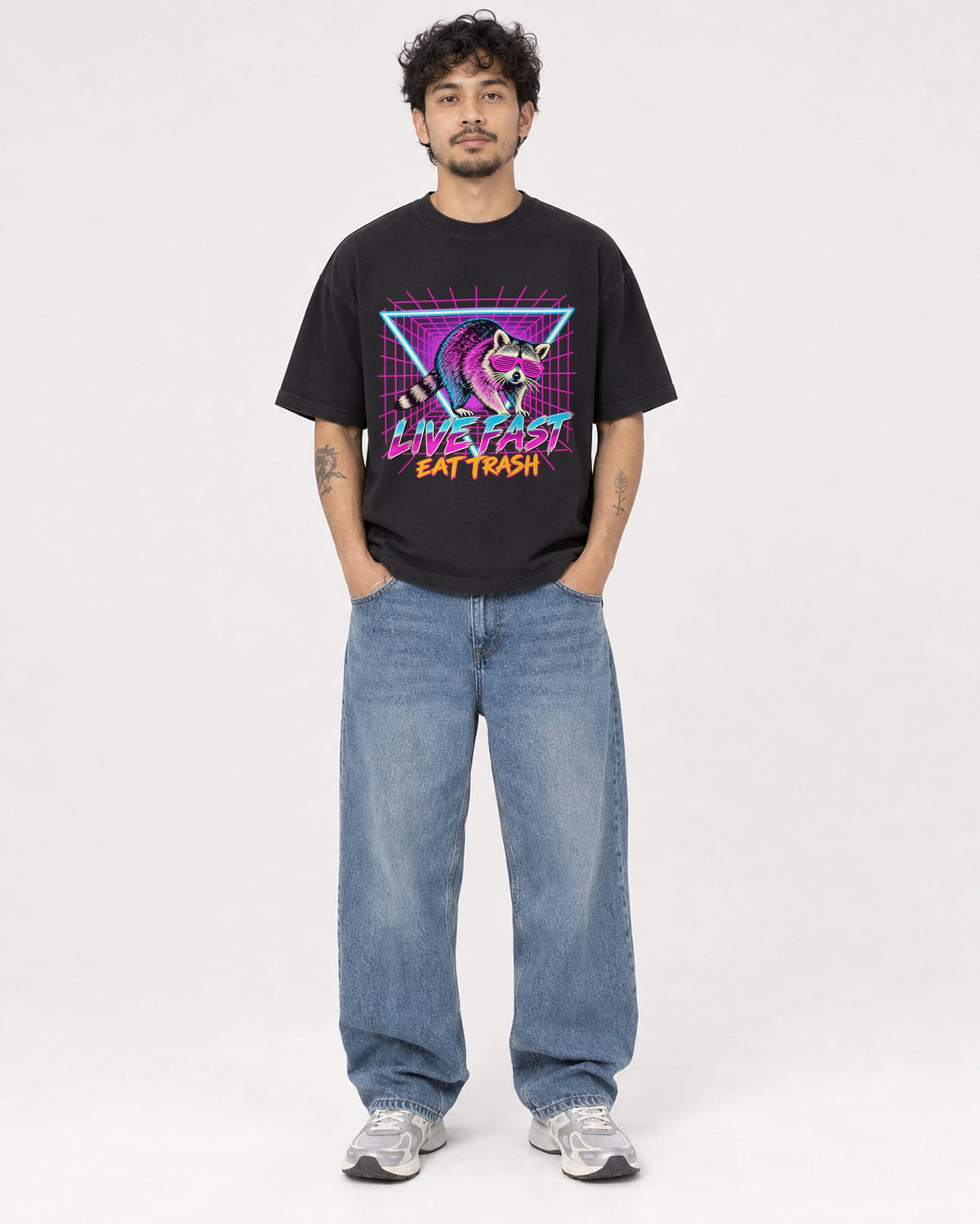 Mockup Boxy Heavyweight Tee Black male full-body 42