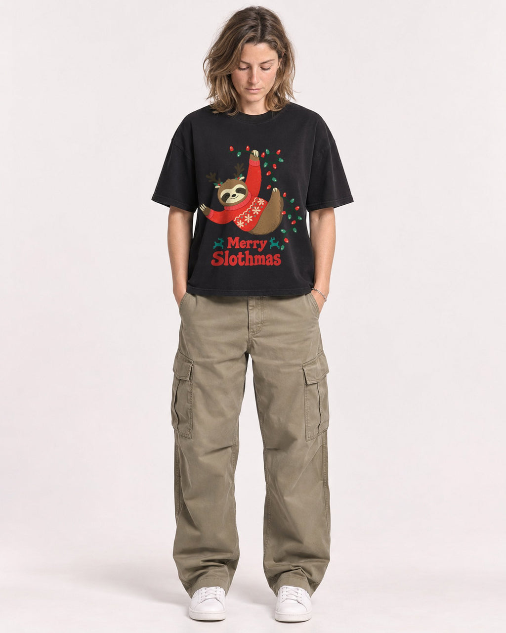 Mockup Boxy Heavyweight Tee Black female full-body 38