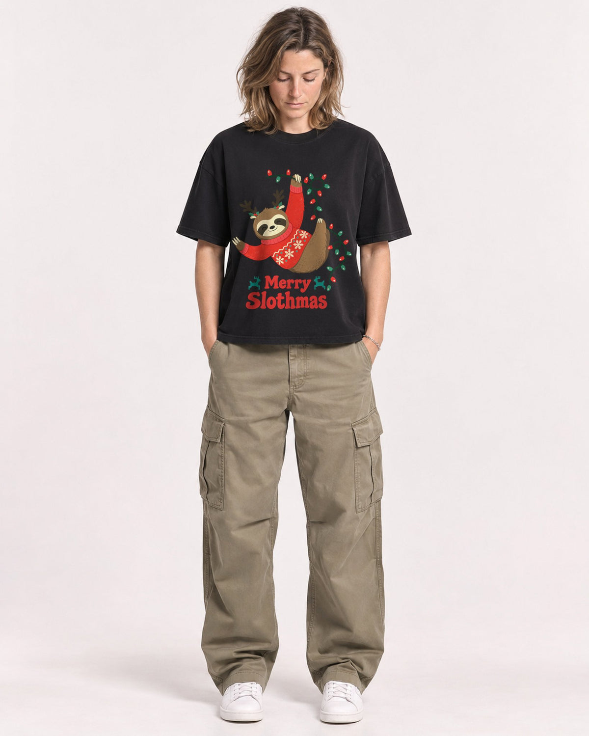 Mockup Boxy Heavyweight Tee Black female full-body 38