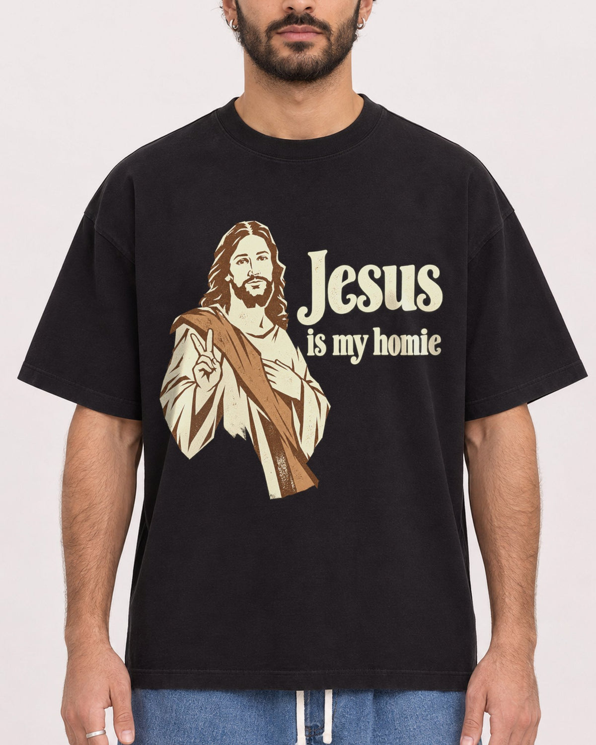 Mockup Boxy Heavyweight Tee Black male close-up 27