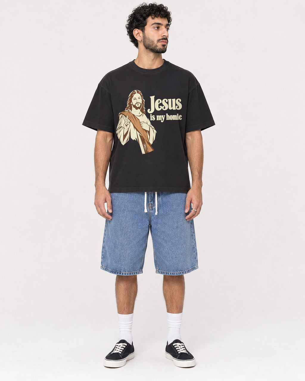 Mockup Boxy Heavyweight Tee Black male full-body 27