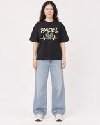 Mockup Boxy Heavyweight Tee Black female full-body 03