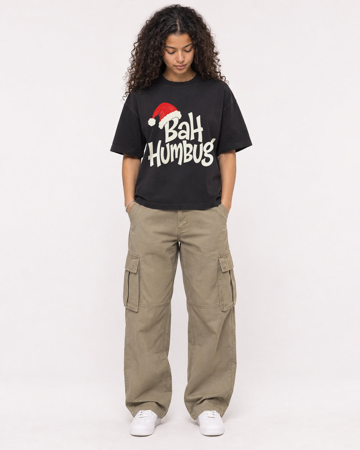 Mockup Boxy Heavyweight Tee Black female full-body 10