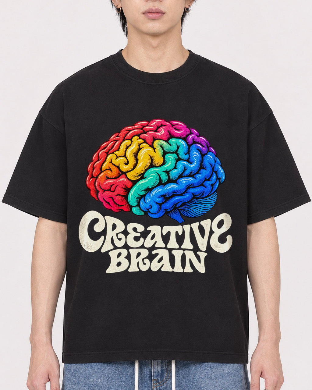Mockup Boxy Heavyweight Tee Black male close-up 11