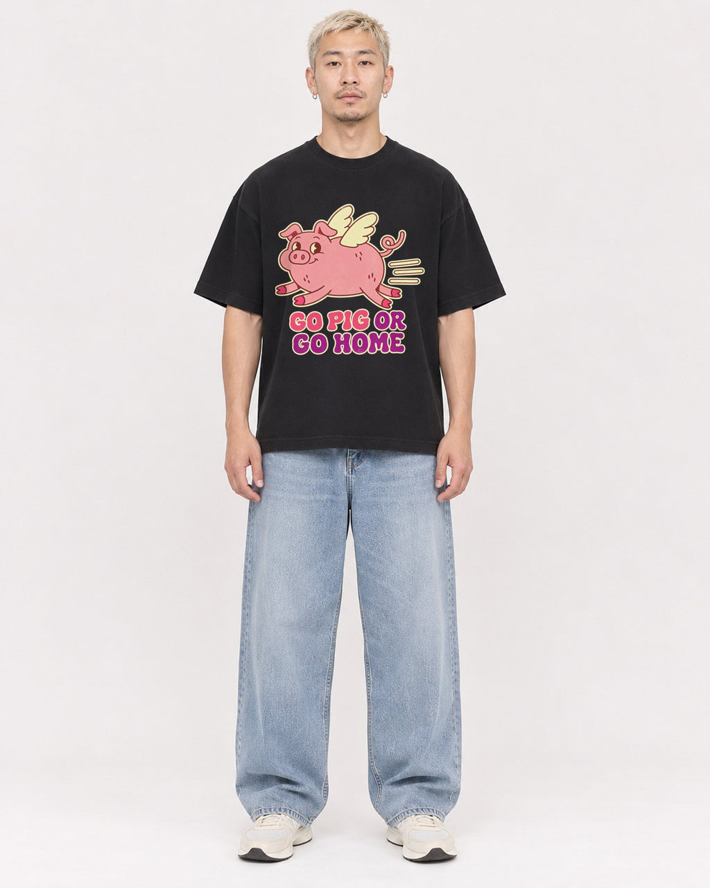 Mockup Boxy Heavyweight Tee Black male full-body 33