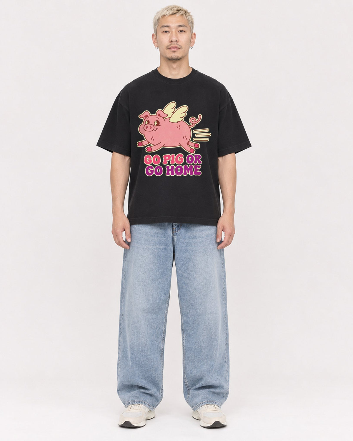 Mockup Boxy Heavyweight Tee Black male full-body 33