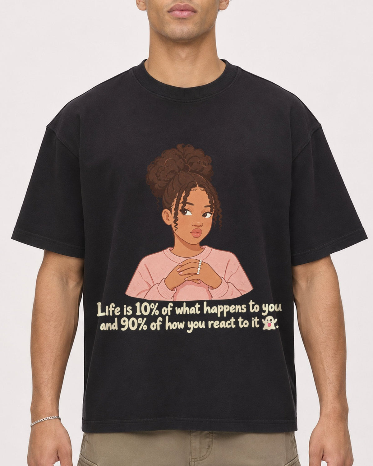 Mockup Boxy Heavyweight Tee Black male close-up 20