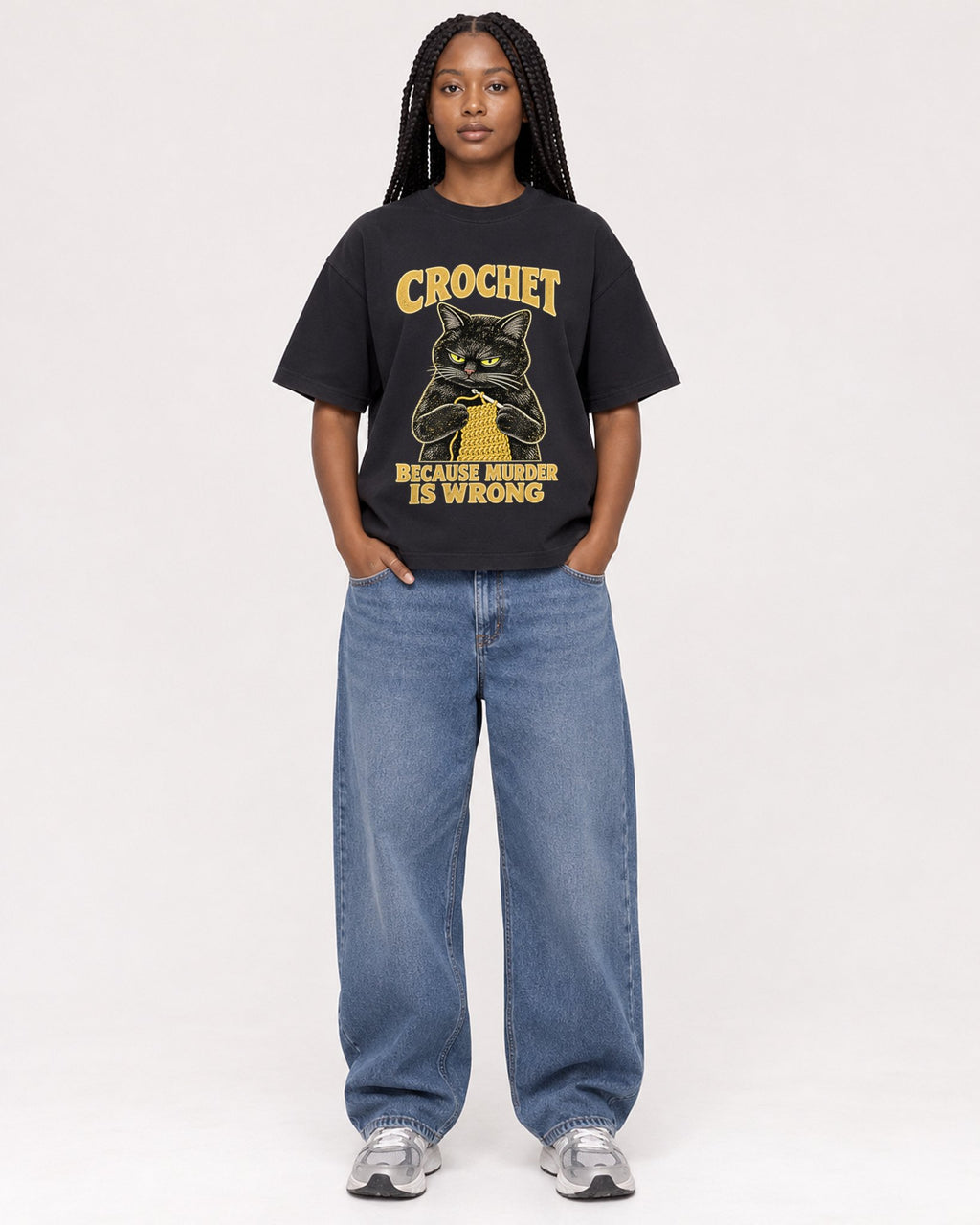 Mockup Boxy Heavyweight Tee Black female full-body 04