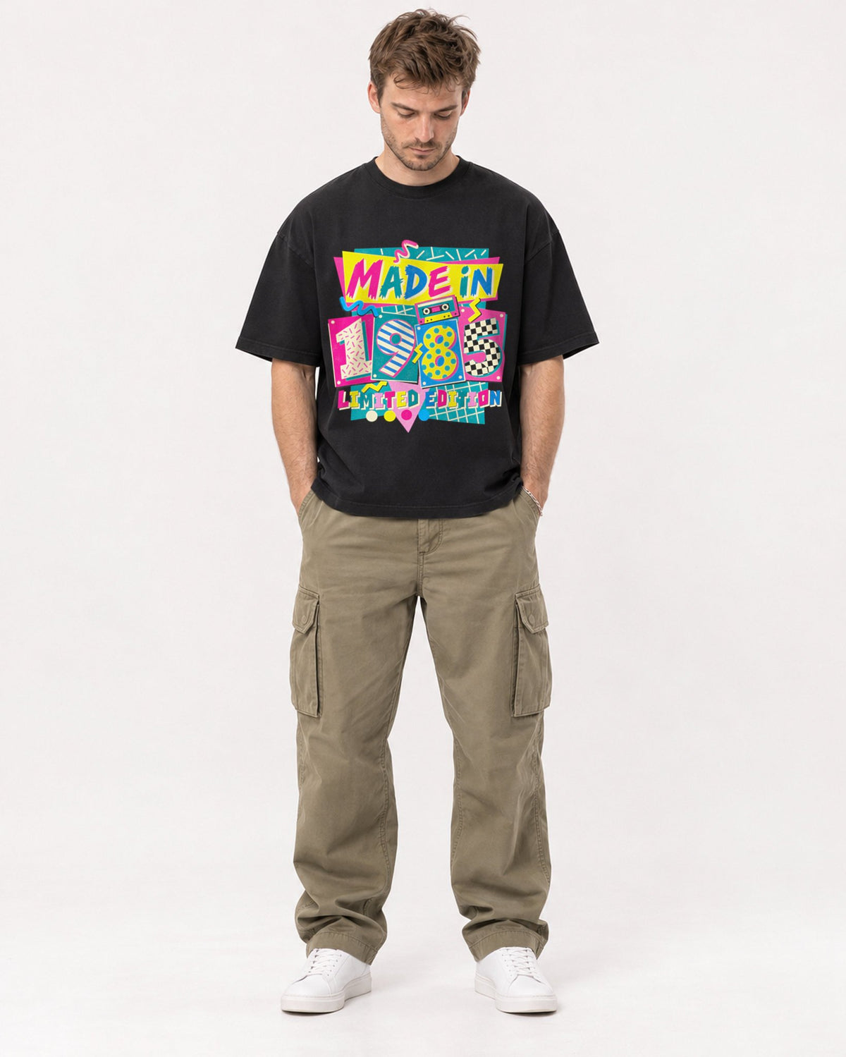 Mockup Boxy Heavyweight Tee Black male full-body 08