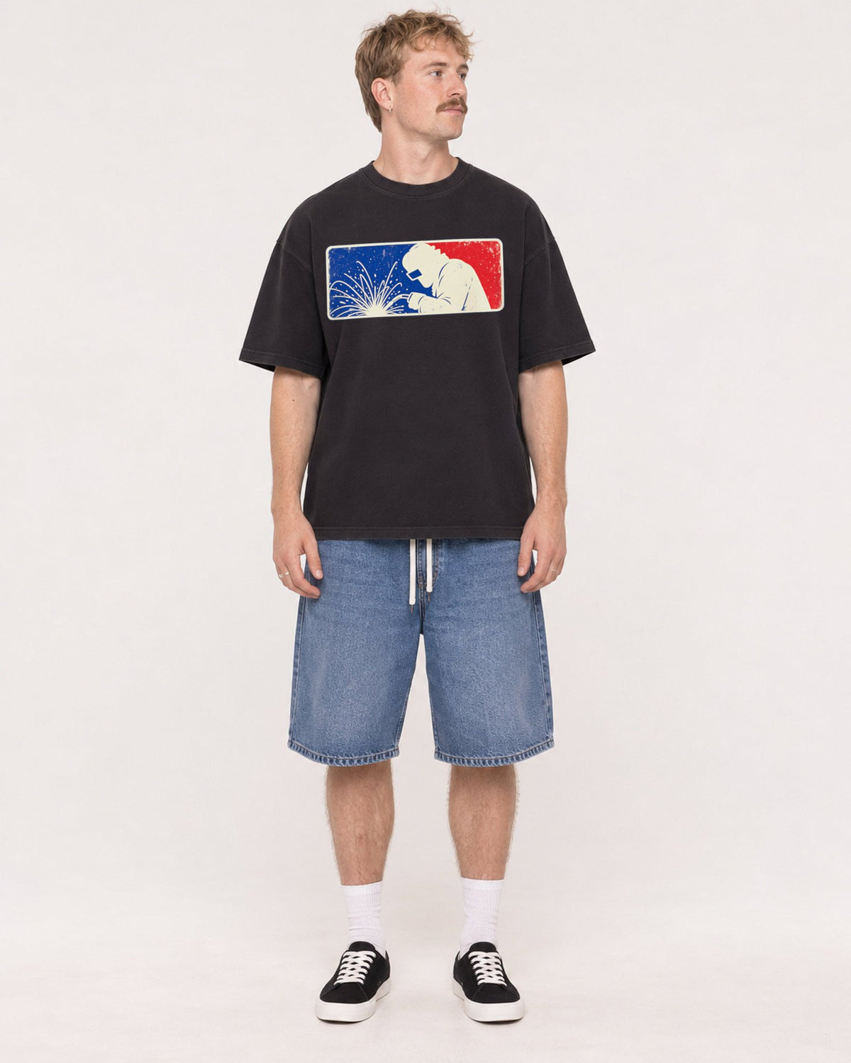 Mockup Boxy Heavyweight Tee Black male full-body 19