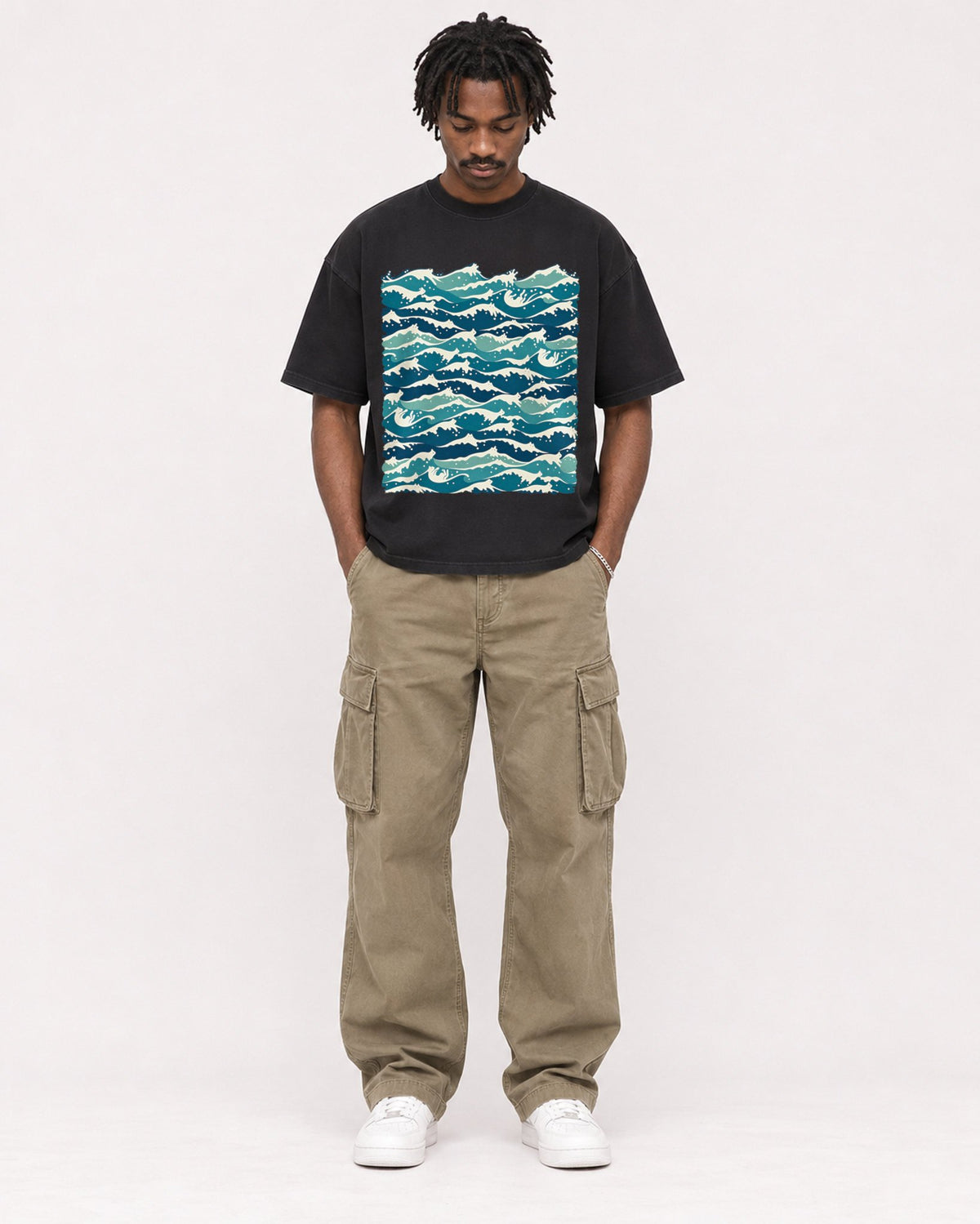 Mockup Boxy Heavyweight Tee Black male full-body 04