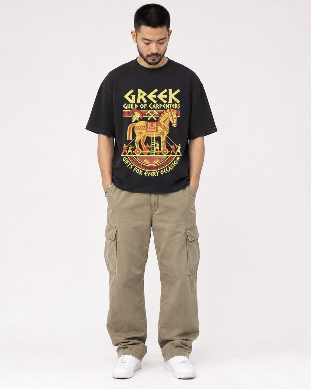Mockup Boxy Heavyweight Tee Black male full-body 32