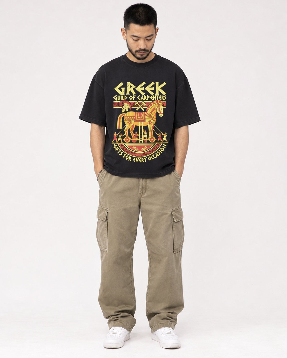 Mockup Boxy Heavyweight Tee Black male full-body 32