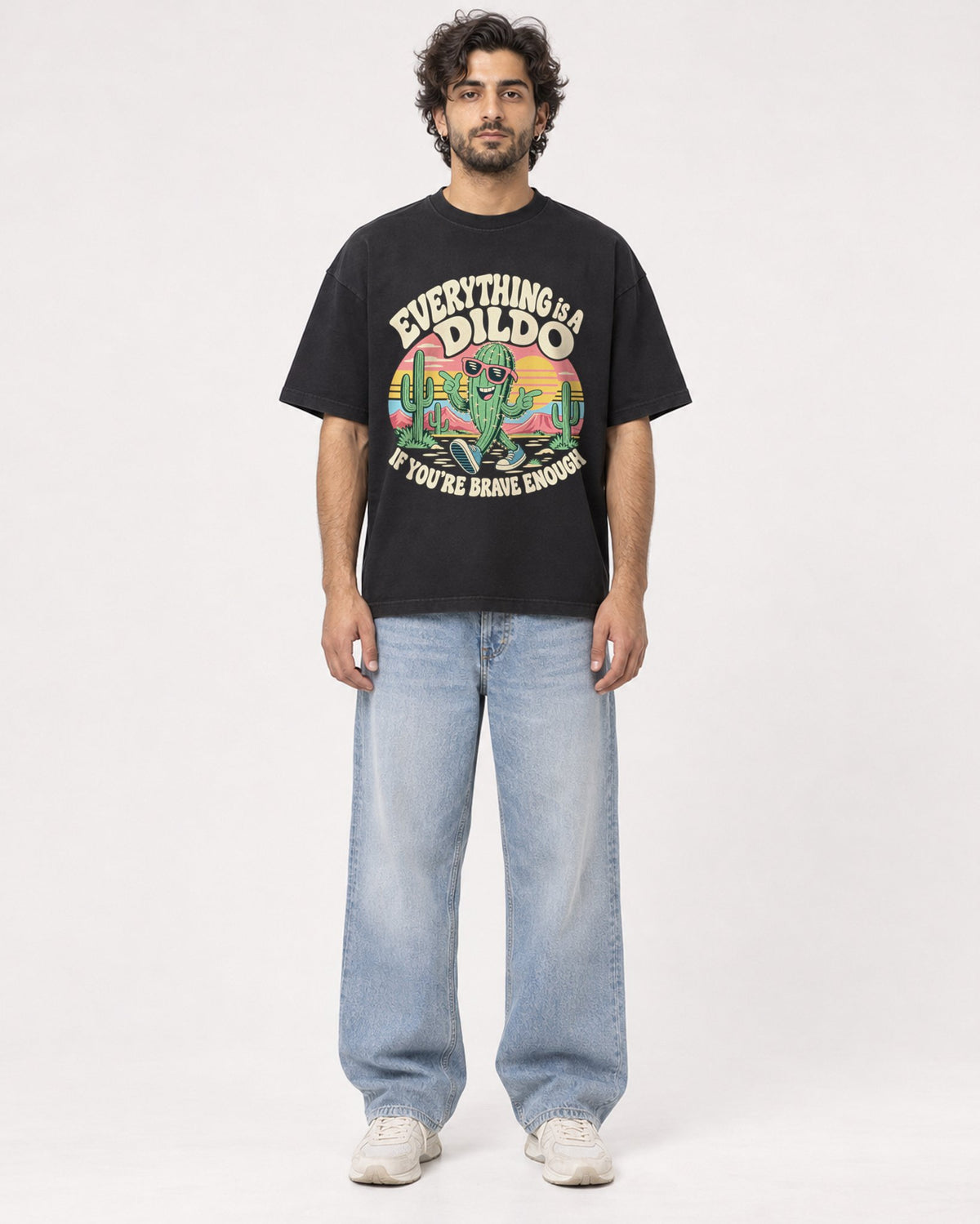 Mockup Boxy Heavyweight Tee Black male full-body 17
