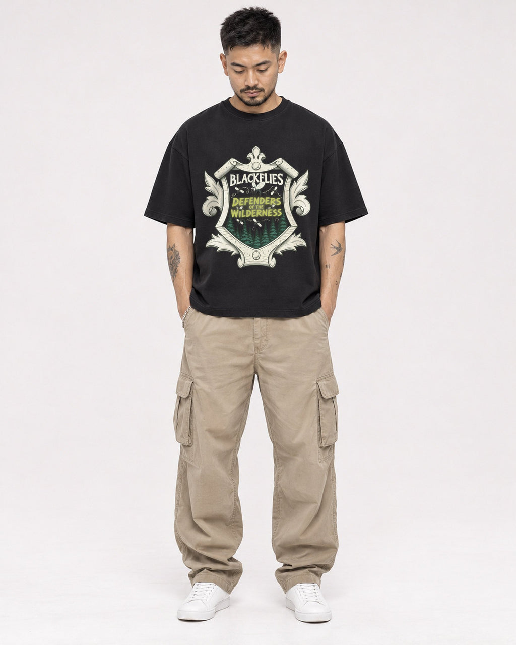 Mockup Boxy Heavyweight Tee Black male full-body 12
