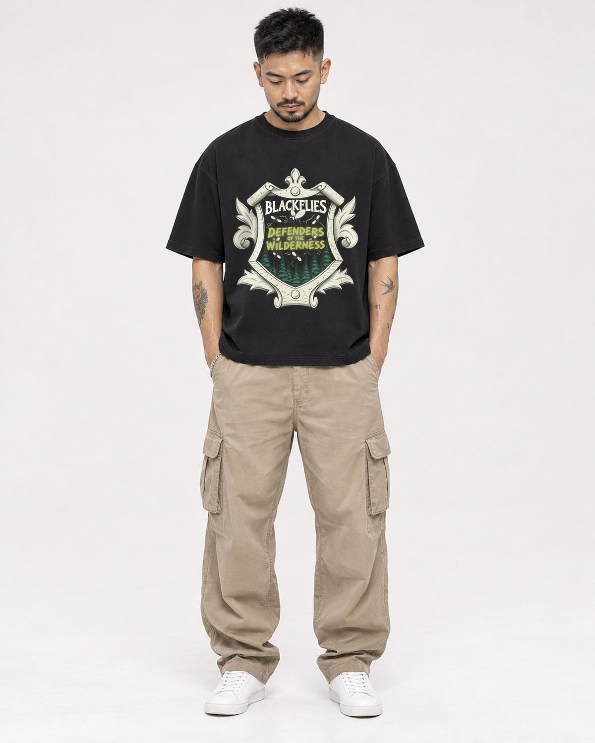 Mockup Boxy Heavyweight Tee Black male full-body 12