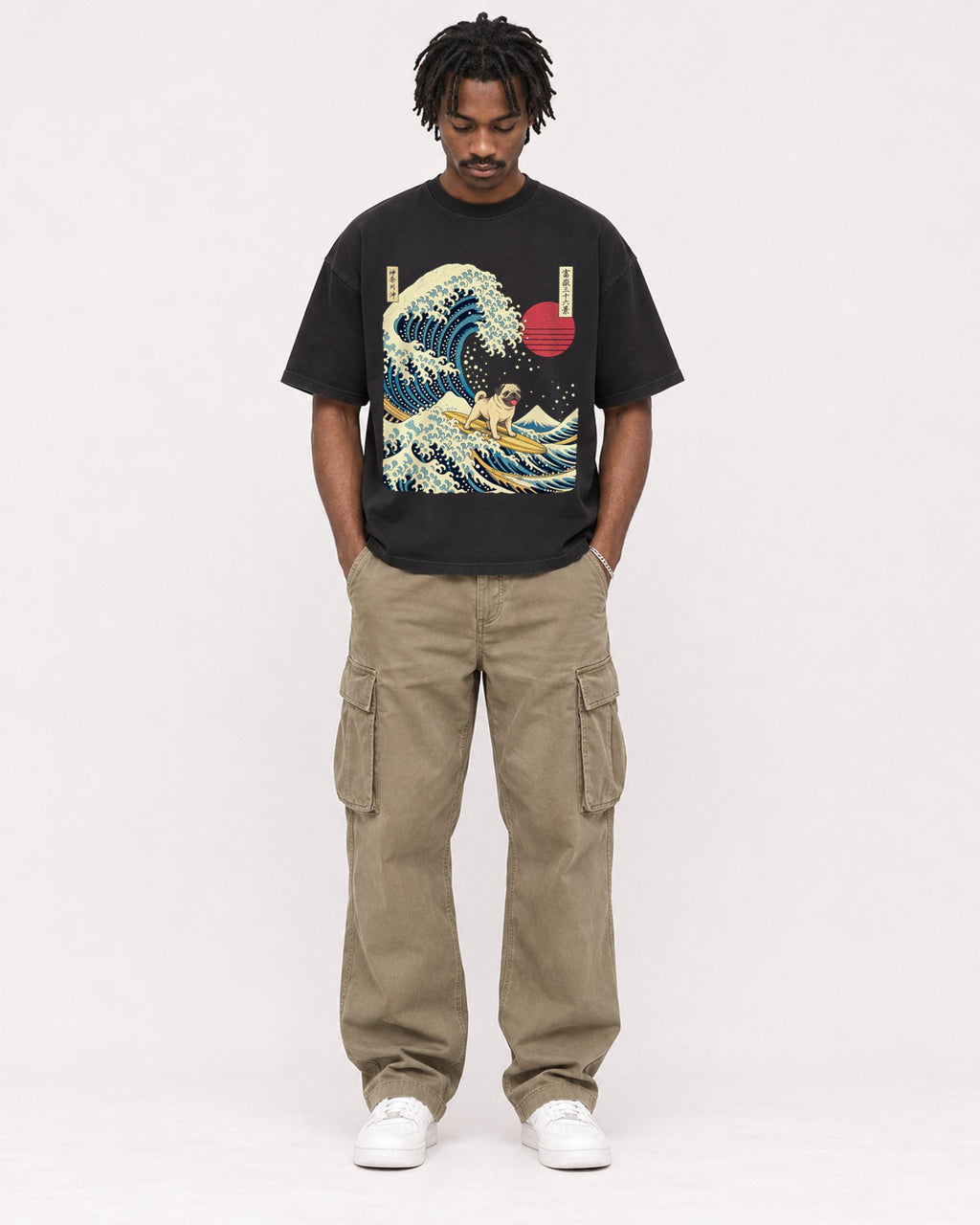 Mockup Boxy Heavyweight Tee Black male full-body 04