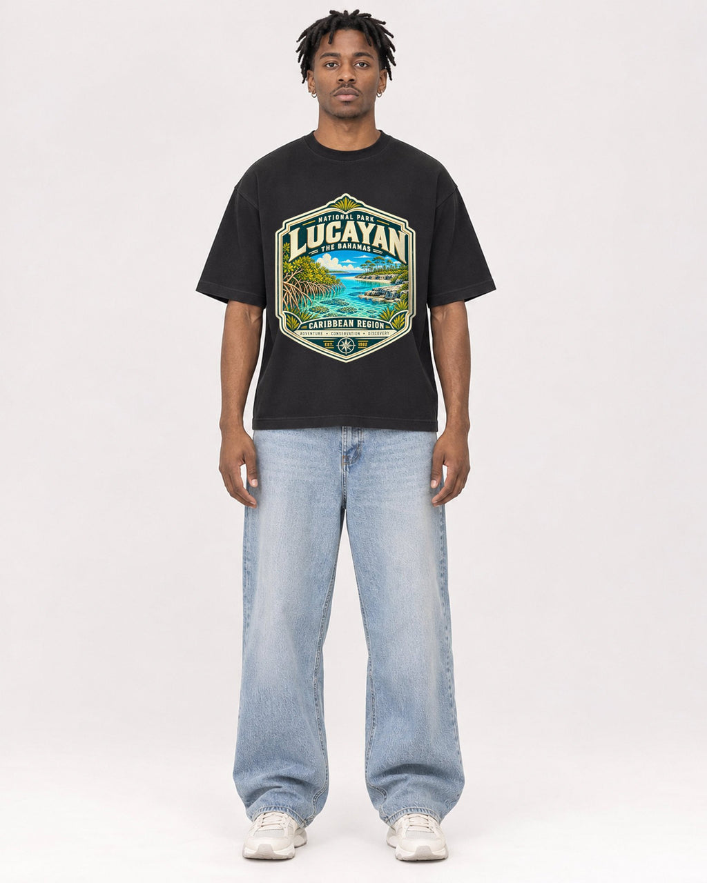 Mockup Boxy Heavyweight Tee Black male full-body 05