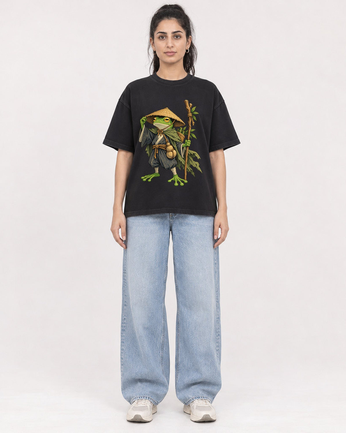 Mockup Boxy Heavyweight Tee Black female full-body 47