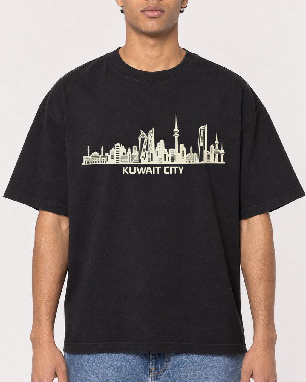 Mockup Boxy Heavyweight Tee Black male close-up 10