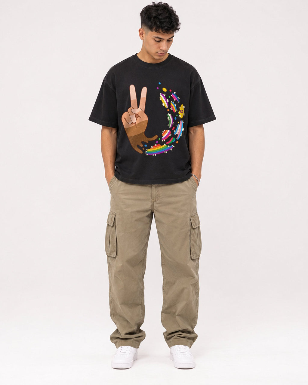 Mockup Boxy Heavyweight Tee Black male full-body 16