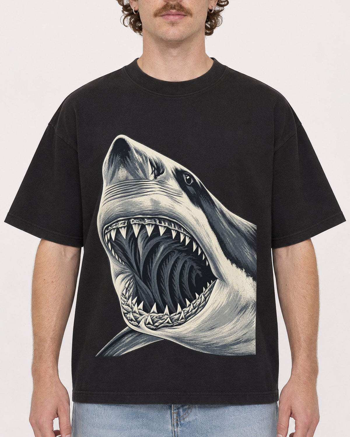 Mockup Boxy Heavyweight Tee Black male close-up 09