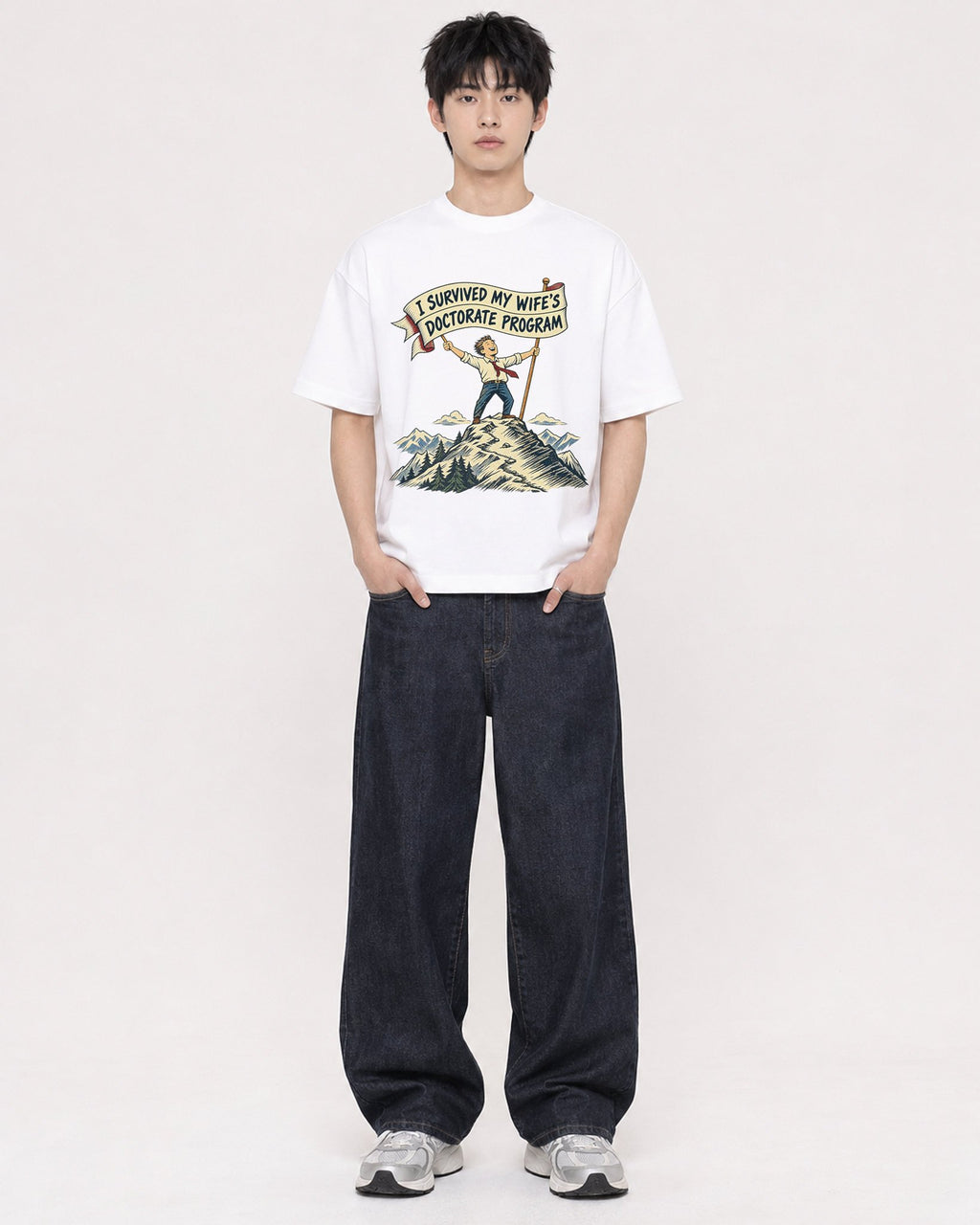 Mockup Boxy Heavyweight Tee White male full-body 01