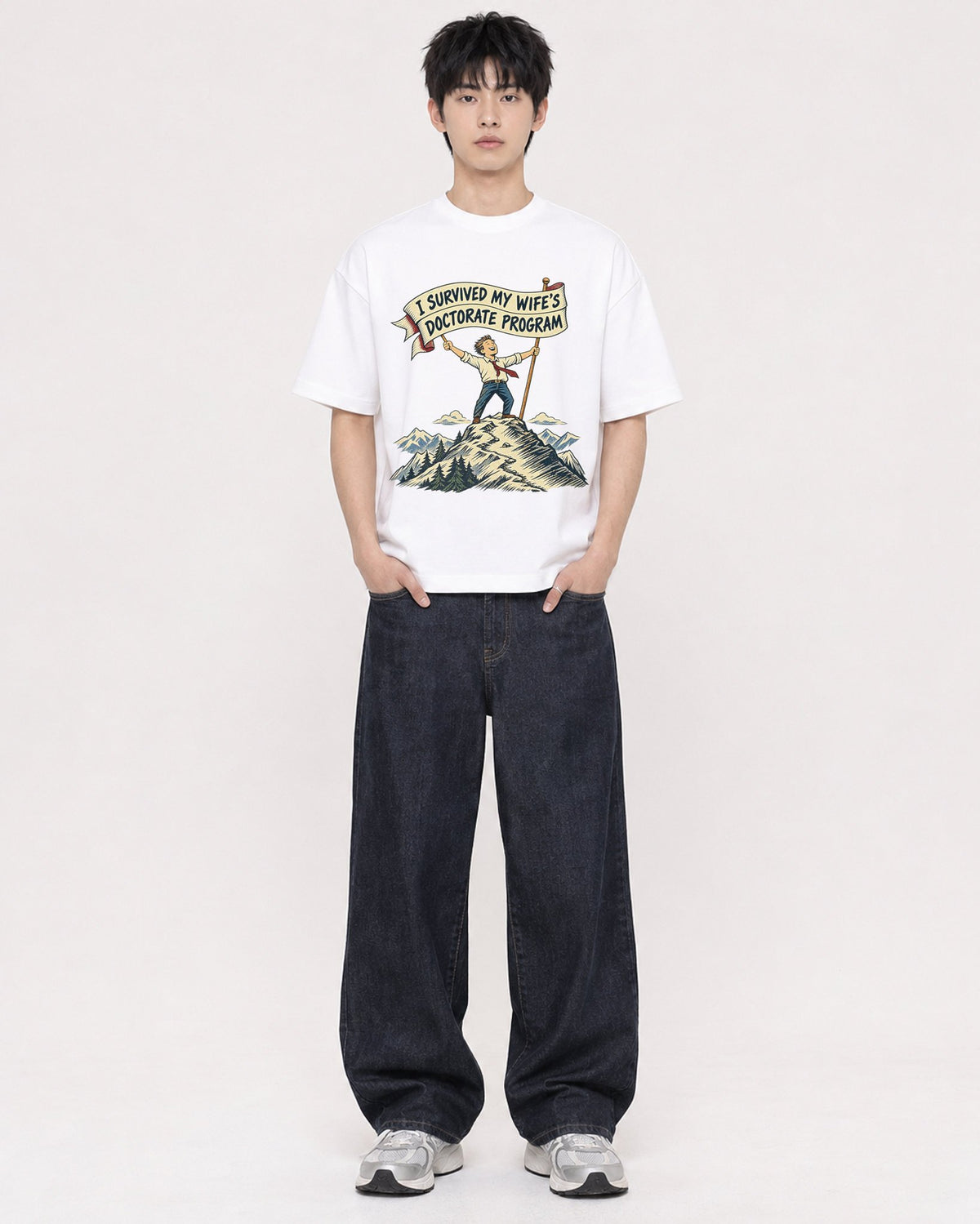 Mockup Boxy Heavyweight Tee White male full-body 01