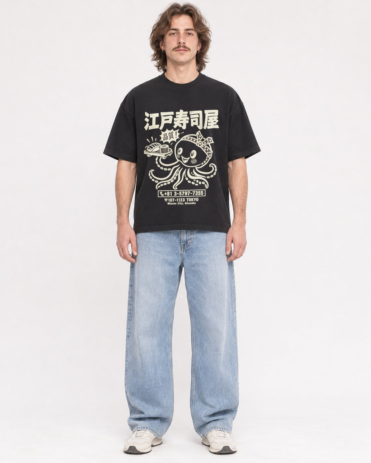 Mockup Boxy Heavyweight Tee Black male full-body 49