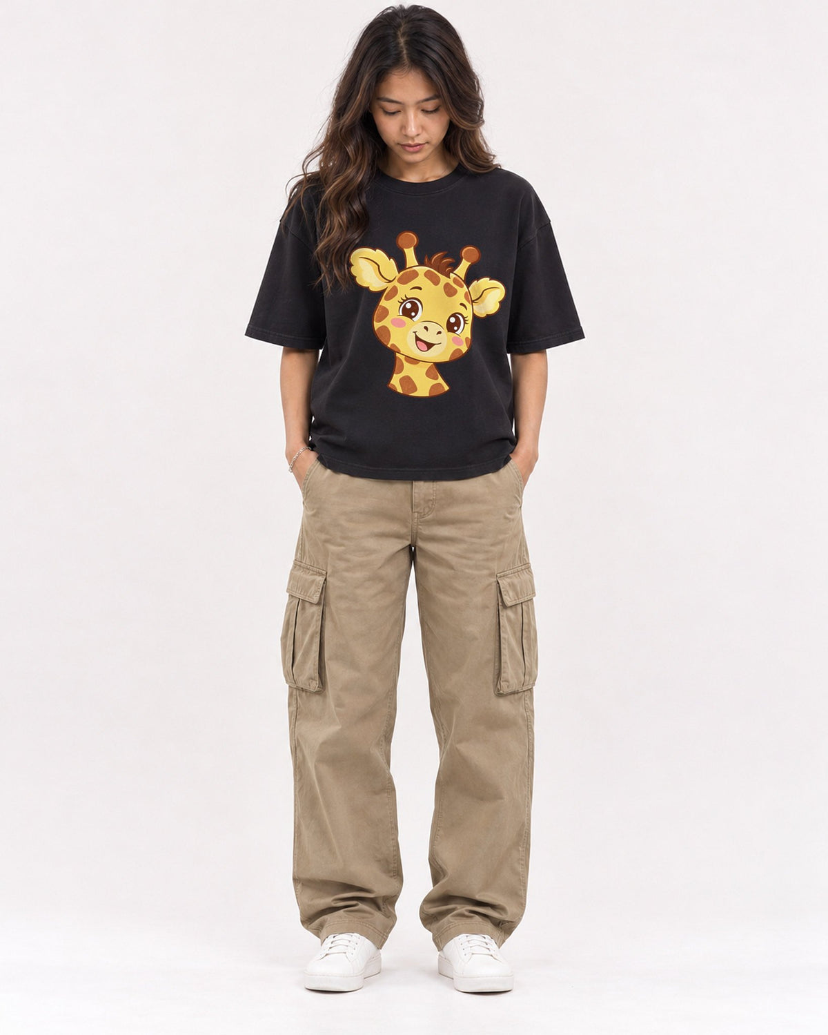 Mockup Boxy Heavyweight Tee Black female full-body 02