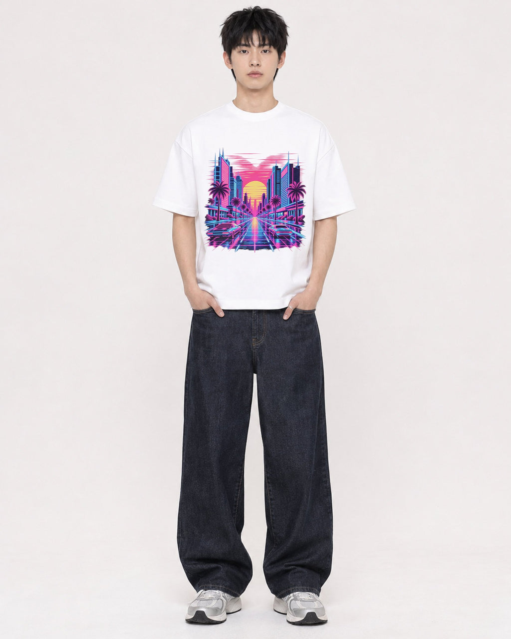Mockup Boxy Heavyweight Tee White male full-body 01