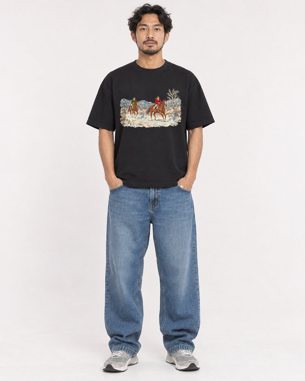 Mockup Boxy Heavyweight Tee Black male full-body 02