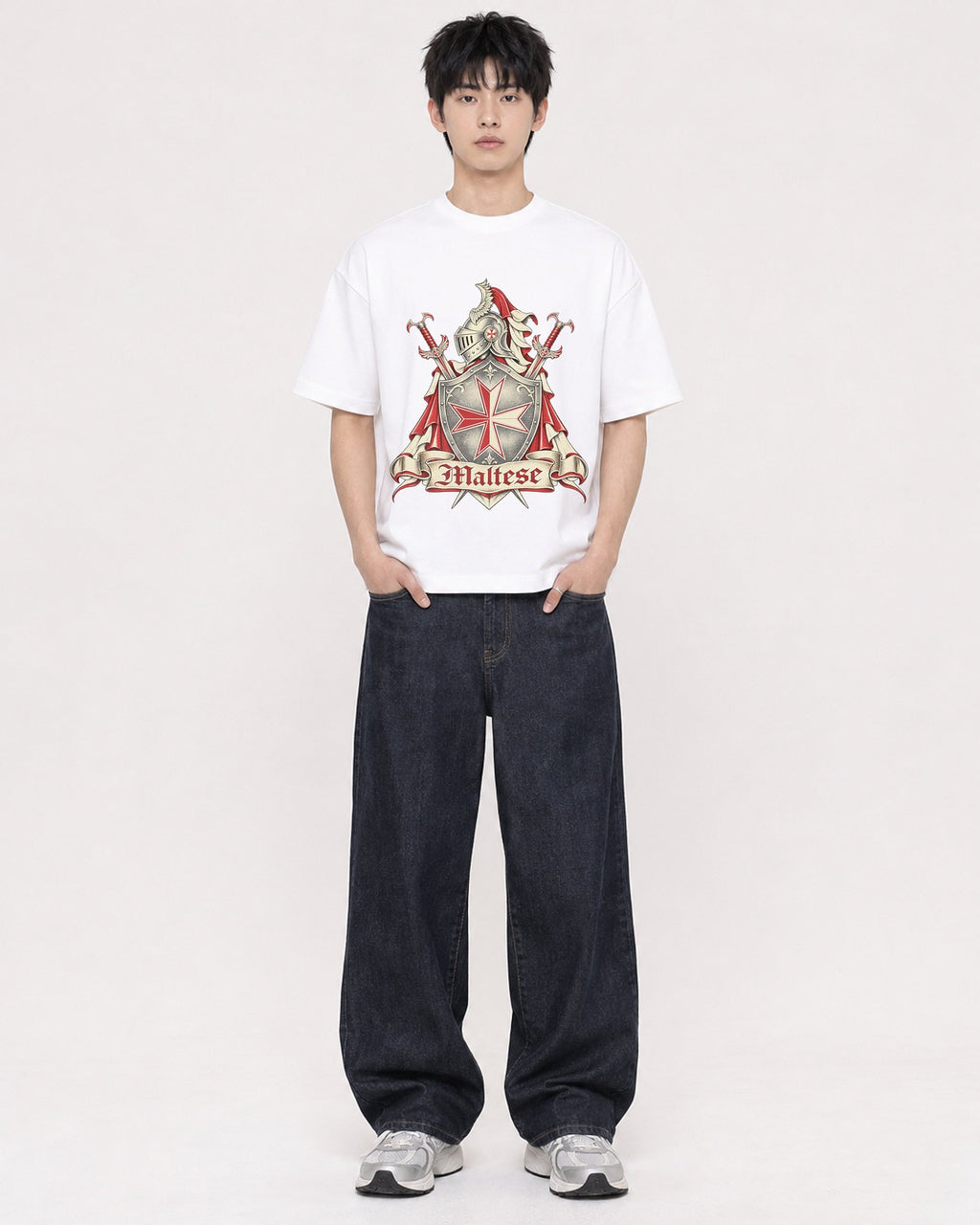 Mockup Boxy Heavyweight Tee White male full-body 01