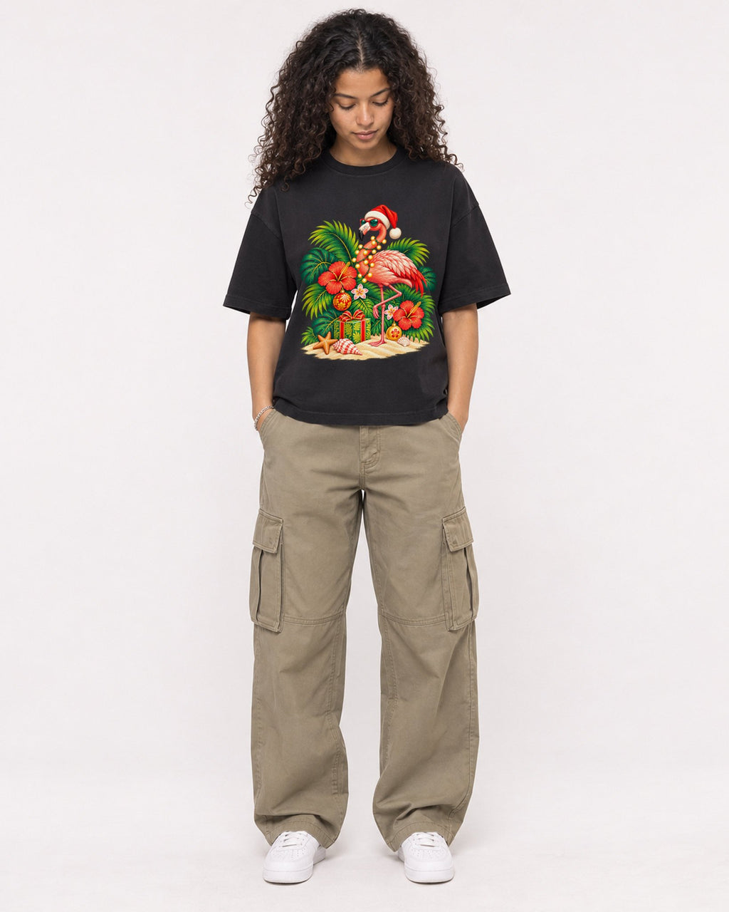 Mockup Boxy Heavyweight Tee Black female full-body 10