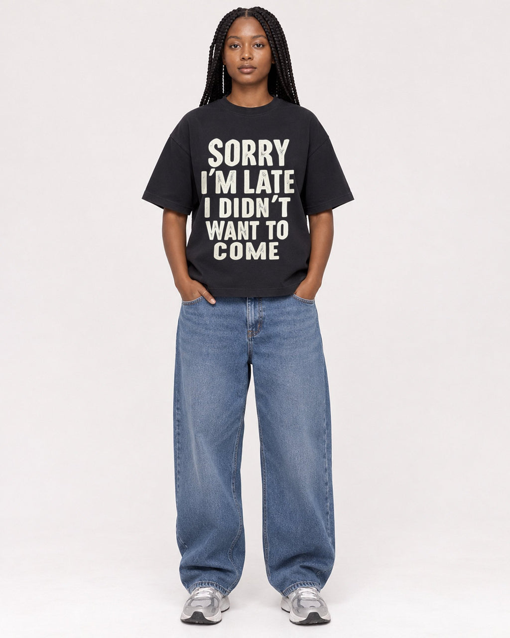 Mockup Boxy Heavyweight Tee Black female full-body 04