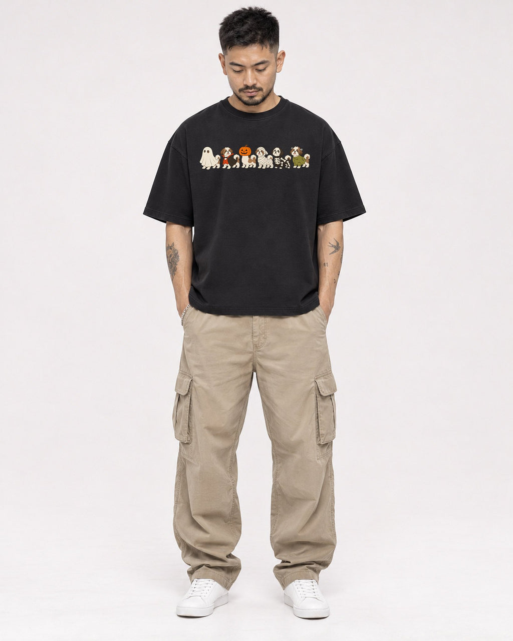 Mockup Boxy Heavyweight Tee Black male full-body 12