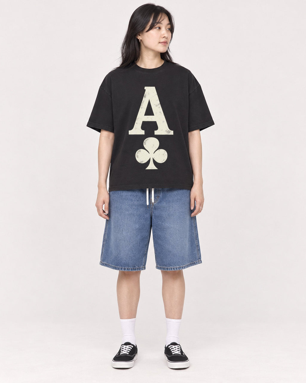 Mockup Boxy Heavyweight Tee Black female full-body 13