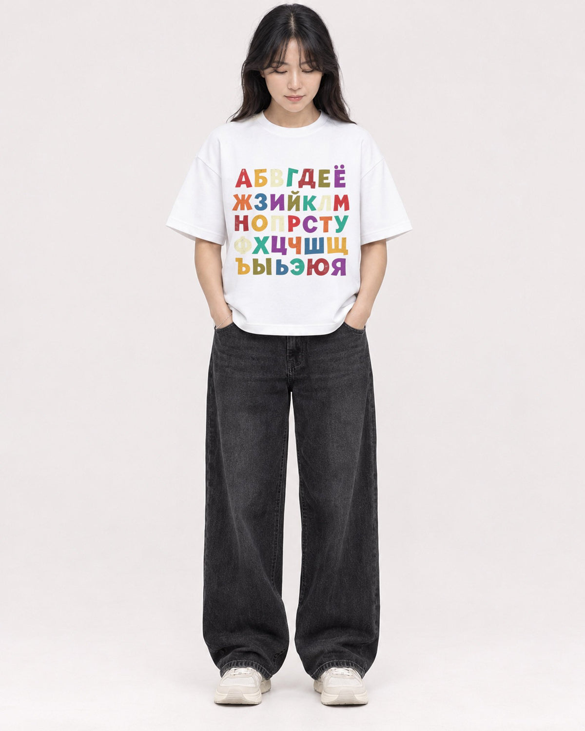 Mockup Boxy Heavyweight Tee White female full-body 13