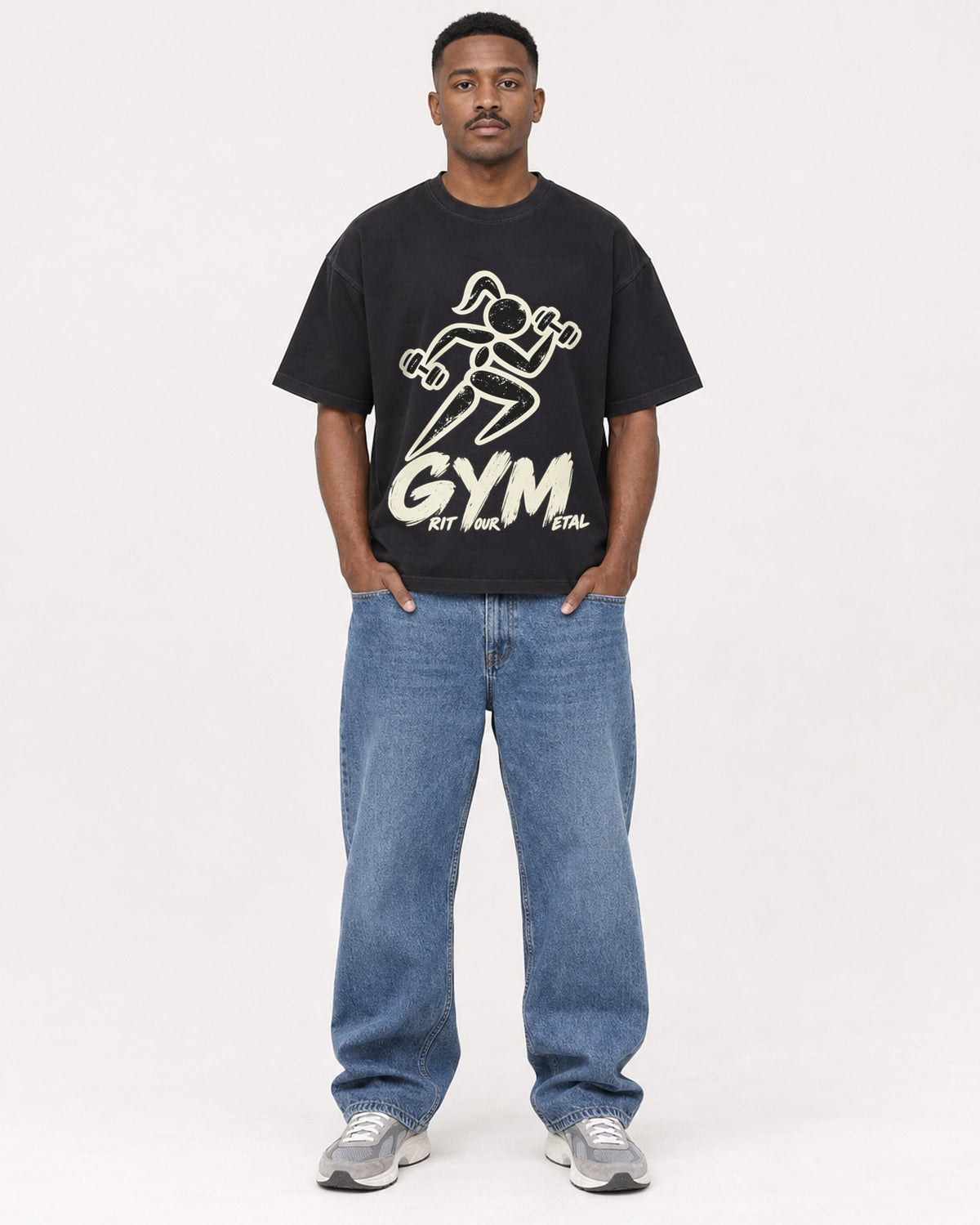 Mockup Boxy Heavyweight Tee Black male full-body 14