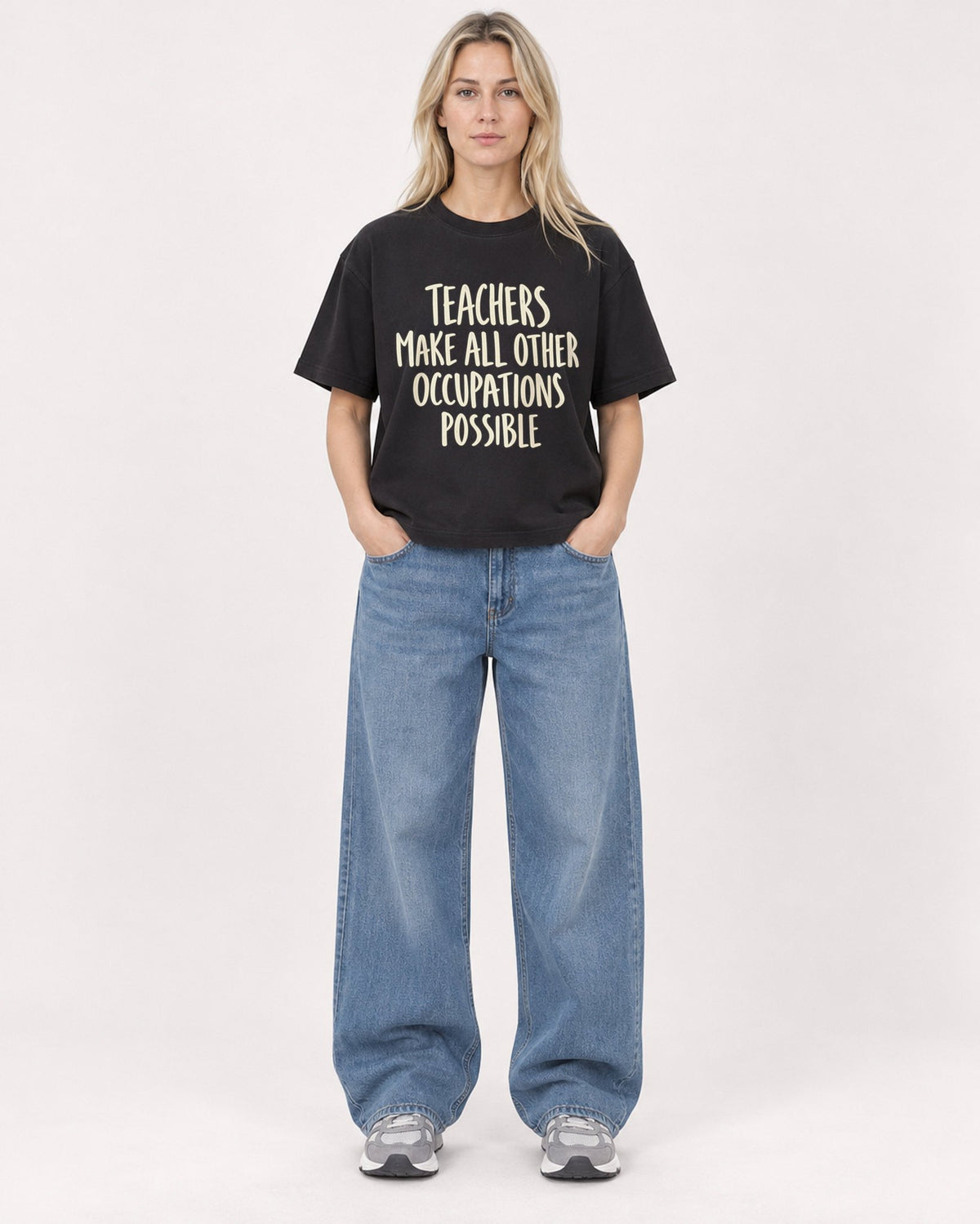 Mockup Boxy Heavyweight Tee Black female full-body 08
