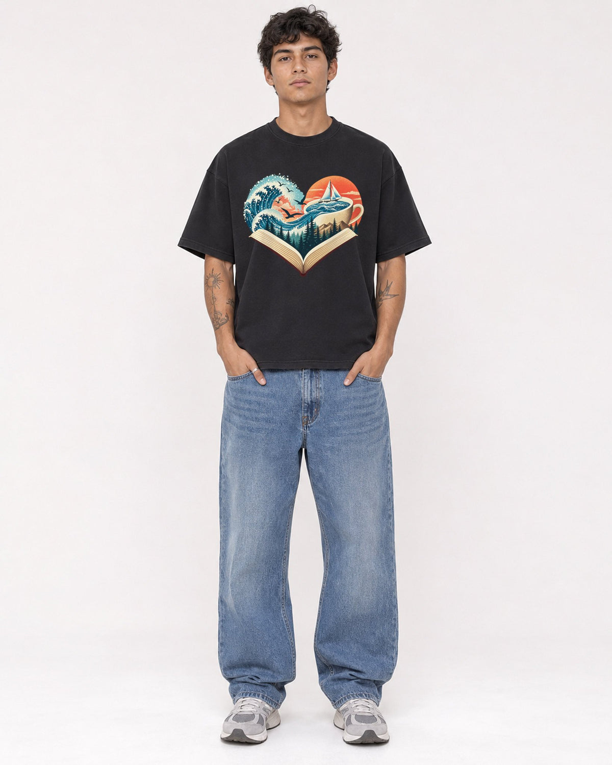 Mockup Boxy Heavyweight Tee Black male full-body 06