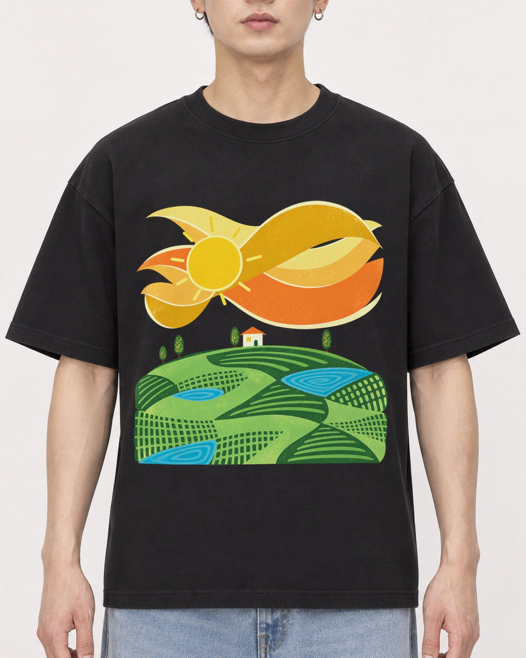 Mockup Boxy Heavyweight Tee Black male close-up 01