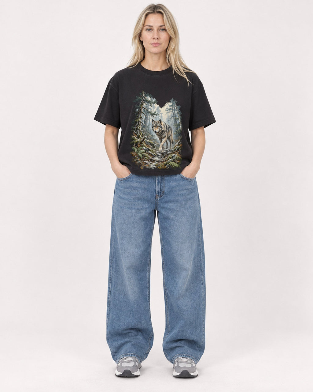 Mockup Boxy Heavyweight Tee Black female full-body 08