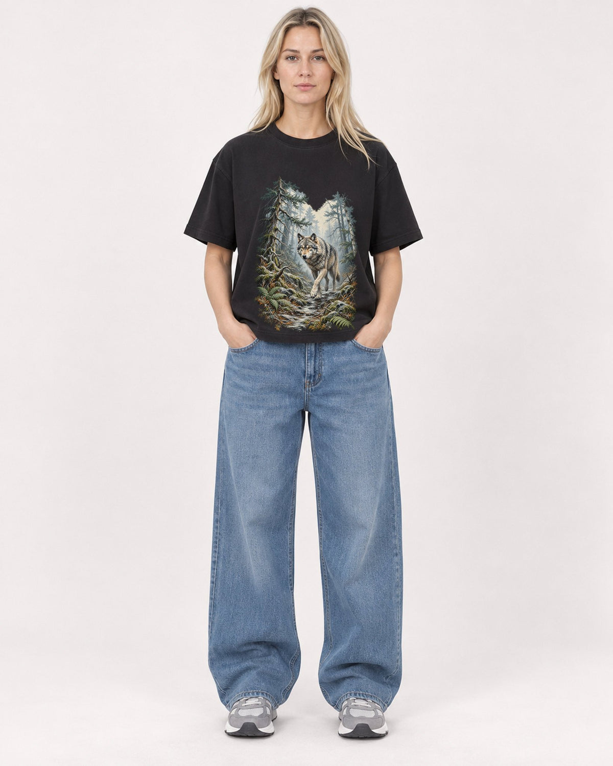 Mockup Boxy Heavyweight Tee Black female full-body 08