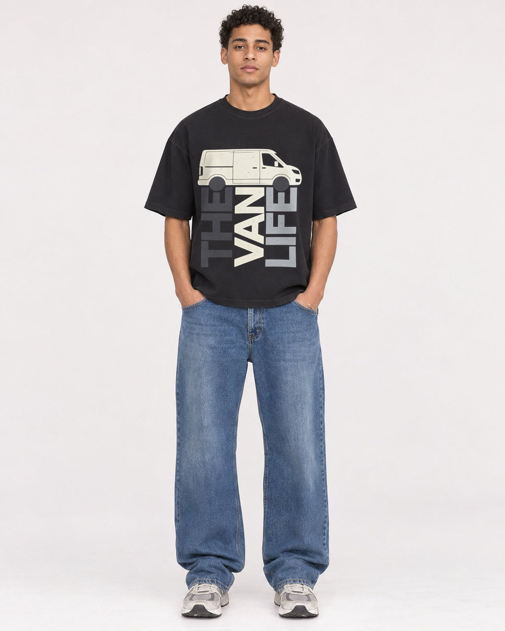 Mockup Boxy Heavyweight Tee Black male full-body 10
