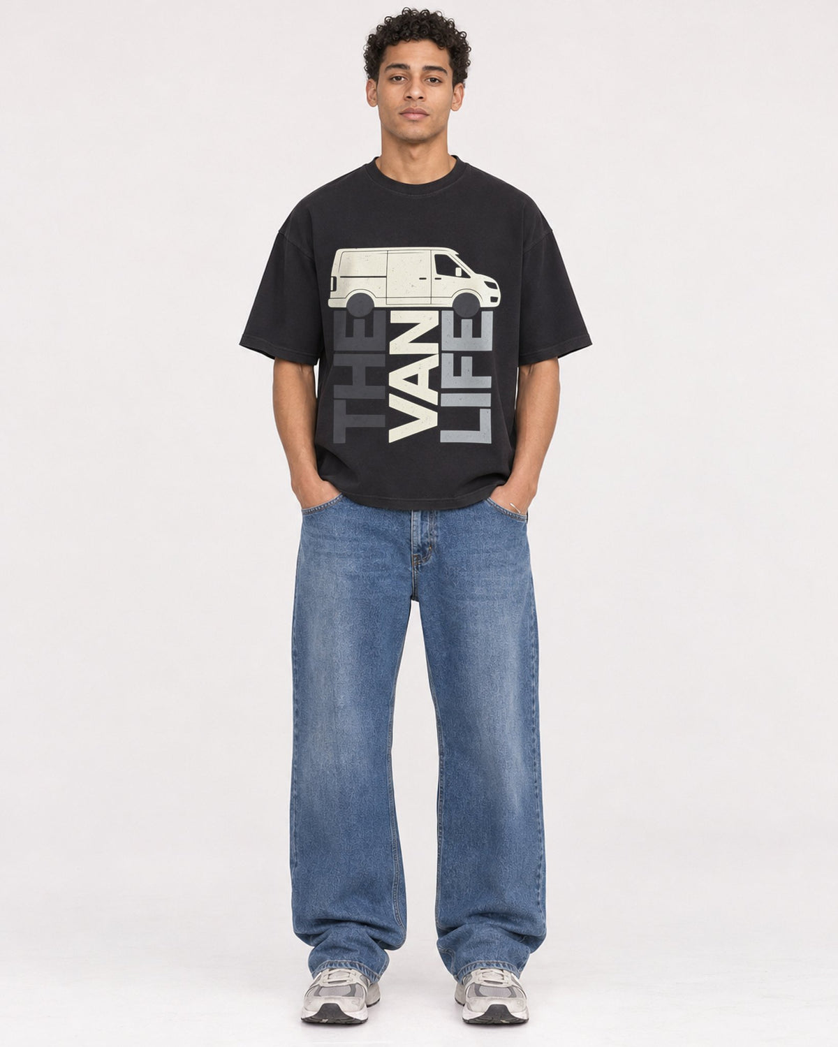 Mockup Boxy Heavyweight Tee Black male full-body 10