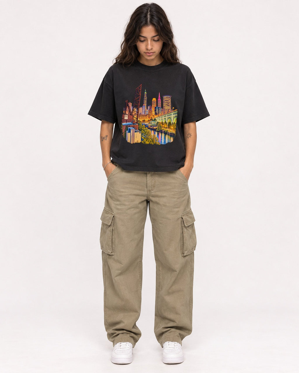 Mockup Boxy Heavyweight Tee Black female full-body 06
