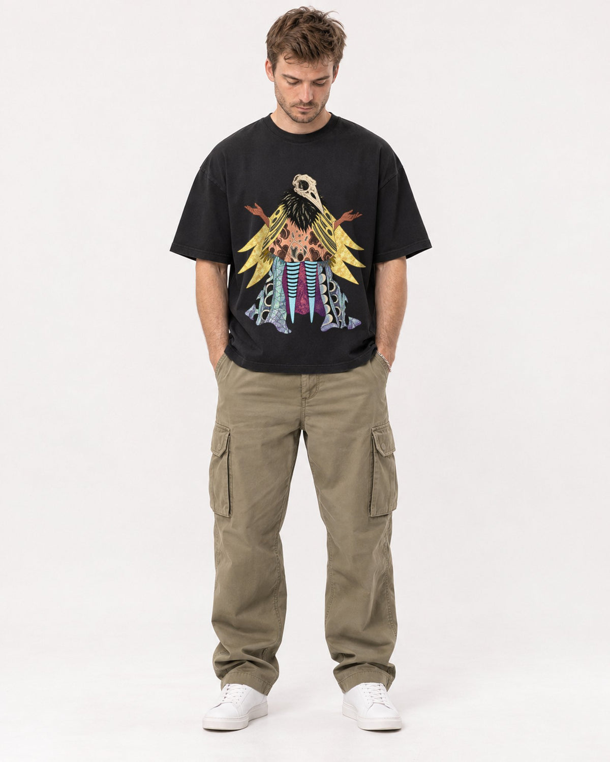 Mockup Boxy Heavyweight Tee Black male full-body 08